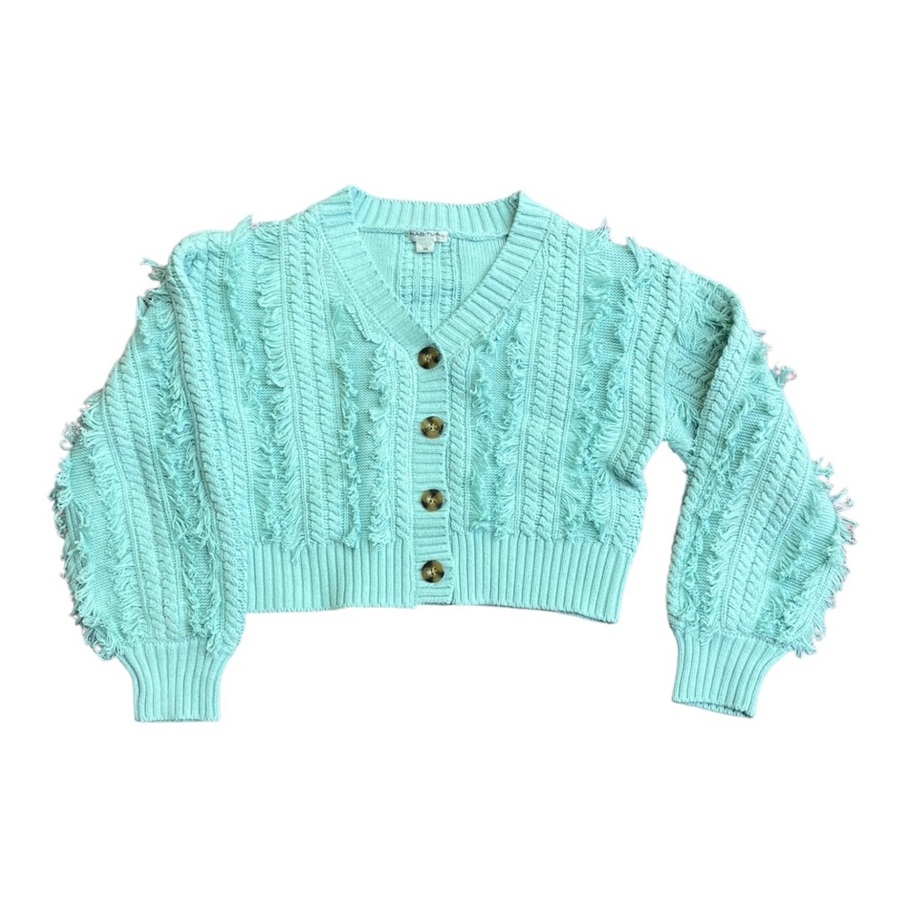 Habitual Fringe Knit‎ Crop Cardigan Sweater – Size 10 Aqua Blue Button Front